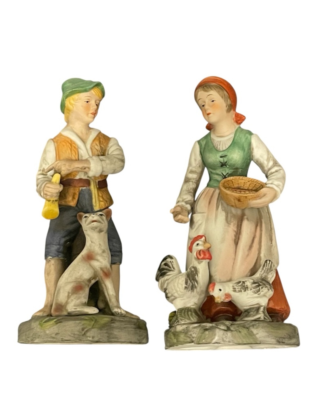 Vintage Hand-Painted Bisque Farmers Girl with Chickens Boy with Dog Figurines